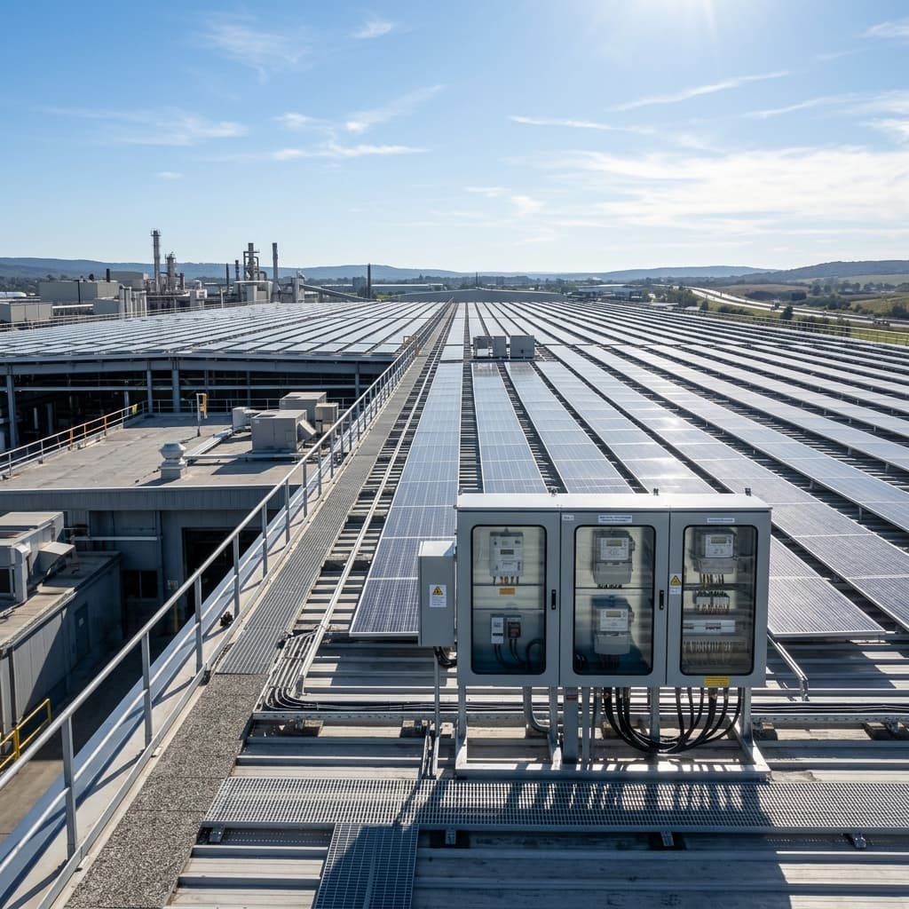 Industrial plant rooftop with solar panels and power infrastructure